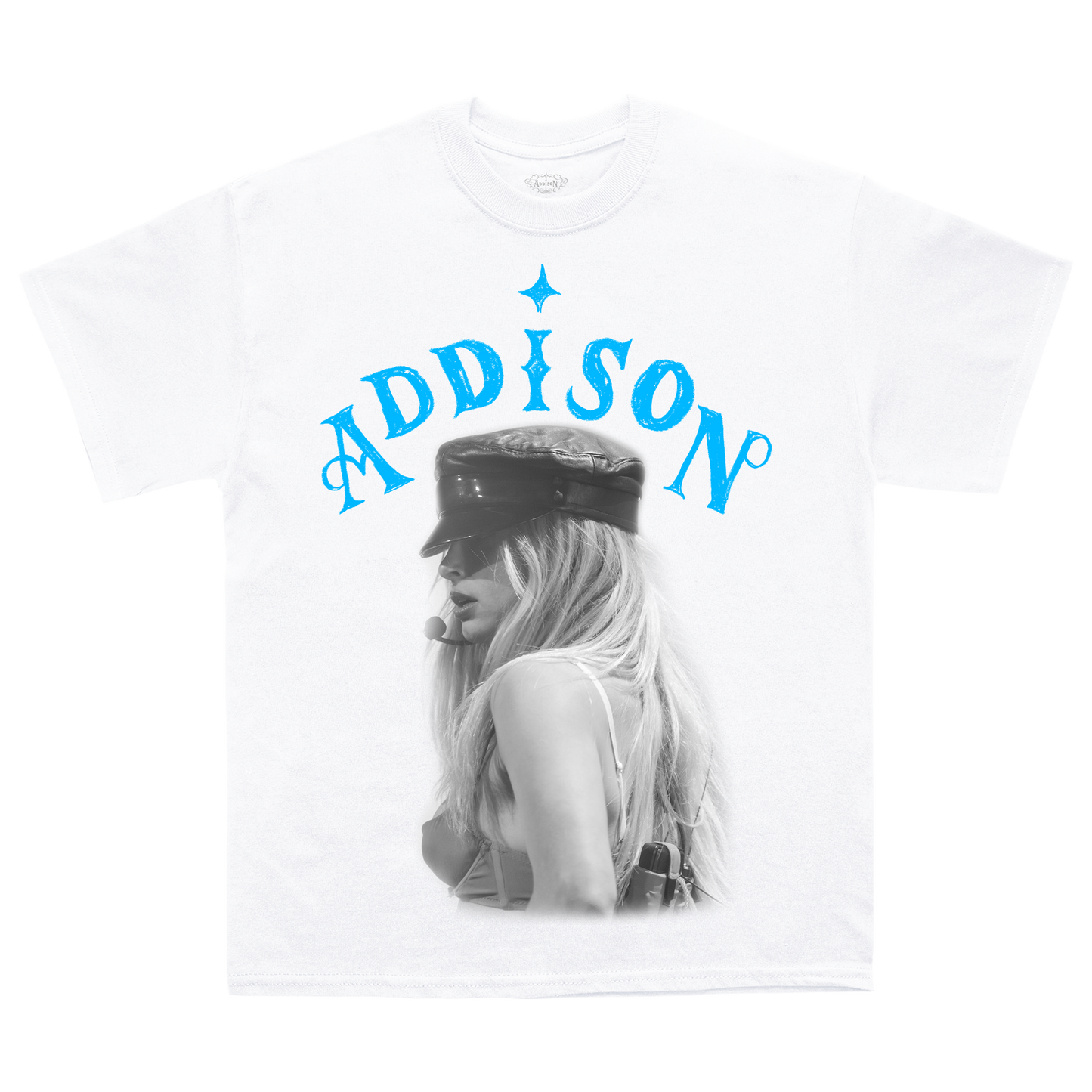 White t-shirt with a graphic of Addison Rae and the name 'Addison' in blue text.
