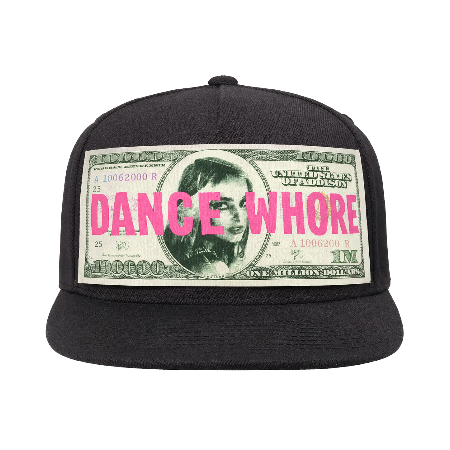 Black cap with dollar bill design and 'DANCE WHORE' text